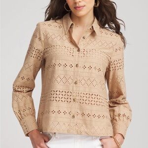 NWT Chico’s embroidered cotton eyelet coffee brown collared shirt plus size 18